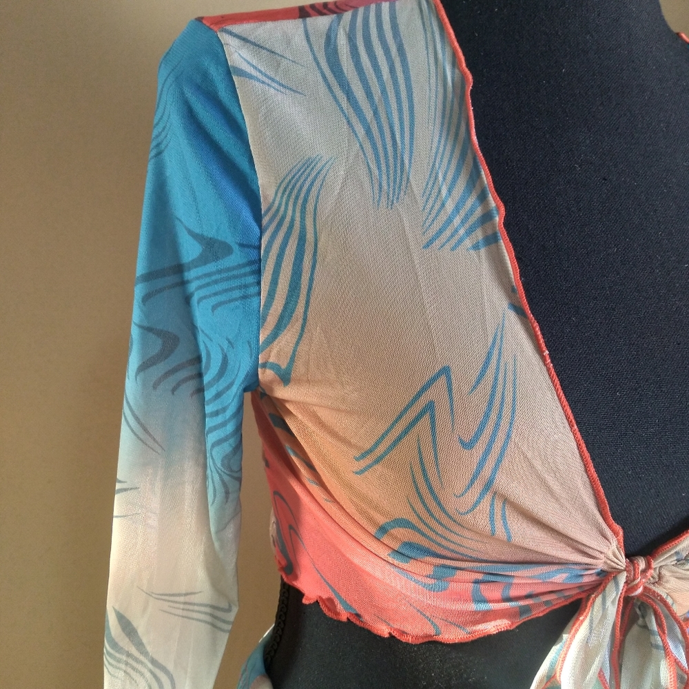 Women's Two-piece Bright Color Mesh Tie Up Shirt w/Skirt- Size Medium NWOT - Picture 14 of 17